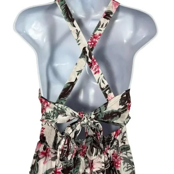 Sim & Sam Womens Pink/Gray/Green Tropical Smocked Lined V-Neck Maxi Dres… - Picture 9 of 14